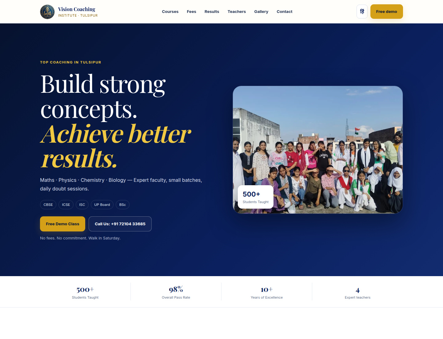 Vision Coaching Institute public website shown on a desktop viewport